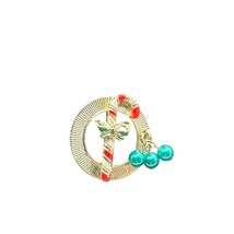 Vintage Goldtone Christmas Wreath Pin Brooch Candy Cane and Beads 1.5 inch - $19.79