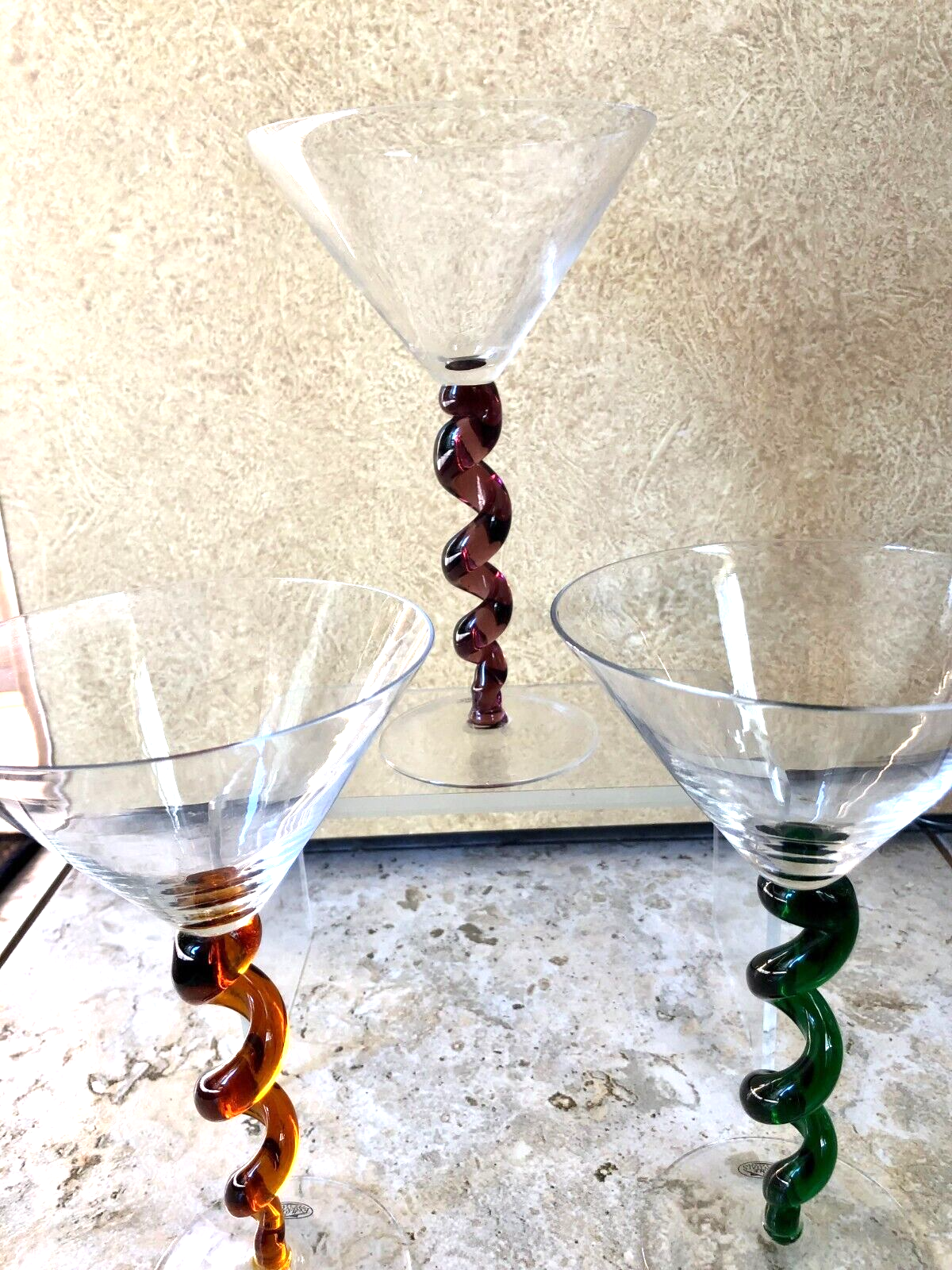 Martini Glasses 1 Brown 1 Purple  1 Green Twisted Spiral Stem 8" Set of 3 New - $60.00