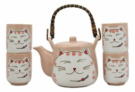 Maneki Neko Lucky Beckoning Cat Matte Pink 20oz Ceramic Tea Pot and Cups Set - £24.63 GBP