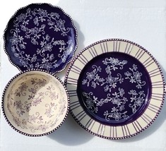 5 PC. Temptations by Tara Floral Lace PURPLE Salad, Dinner Plates &amp; Foot... - $161.49