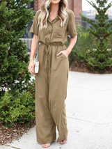 Women Button Front Camp Collar Cargo Style Short Sleeve Jumpsuits With Pocket -  - £39.18 GBP