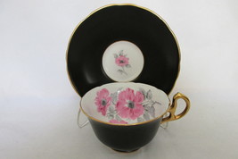 Vintage Royal Stafford English Bone China Cup &amp; Saucer - Black with Pink... - $17.99