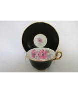 Vintage Royal Stafford English Bone China Cup &amp; Saucer - Black with Pink... - $17.99