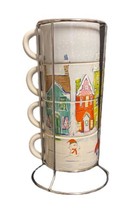 Pier 1 Imports 4-Stackable Mugs Christmas Coffee Cup Metal Stand Winter Scene - £18.93 GBP