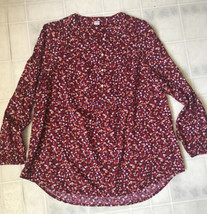 Old Navy Small Maroon Floral Print Bib Front Long sleeve  Rayon Blouse - £17.04 GBP