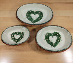 3 Piece Nesting Ceramic Oval Casserole With Wicker Baskets Green Hearts Flowers - £24.12 GBP