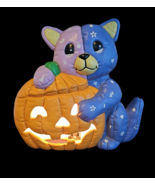 Vintage 1986 Scioto Halloween Puffy Ceramic Cat Jack O Lantern Pumpkin L... - $35.30