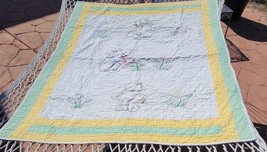 Vintage Baby Quilt - Handmade Embroidered Crib Blanket Green Yellow Squirrels - £82.19 GBP