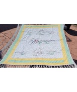 Vintage Baby Quilt - Handmade Embroidered Crib Blanket Green Yellow Squi... - £80.41 GBP