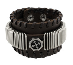 Zeckos Brown Leather Wristband with Chrome Rings Faux Compass Center - £11.19 GBP
