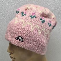 Vintage Wool Pink Knit Beanie Winter Hat Flowers - $19.70