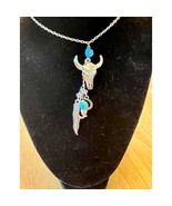 Women&#39;s Antique Look Silver Tone Pendant Necklace with Charms, Cow Skull... - $24.75