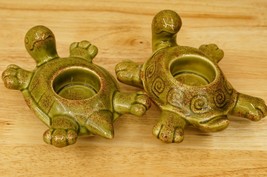 Vintage Lot 2 Partylite Brand Ceramic Olive Green TURTLE Votive Candleho... - $28.70