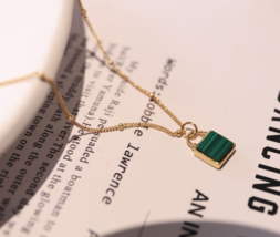 18K Gold Raised Malachite Padlock Necklace - 925 Silver, gift, green, beautiful - £46.70 GBP