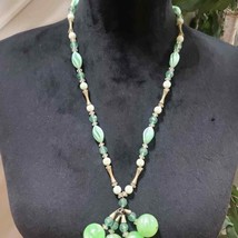 Womens Fashion Long Green Gemstone Faux Pearl Beaded Necklace with Lobster Clasp - £22.38 GBP