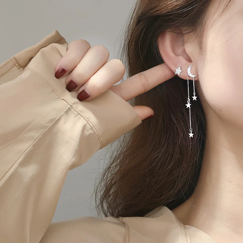 Asymmetrical Earrings 925 Sterling Silver Star Moon Tassel Long Earrings Female  - £12.85 GBP