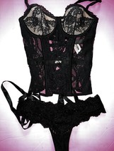Victoria&#39;s Secret DESIGNER COLLECTION 32C CORSET SET S BLACK lace crysta... - $197.99