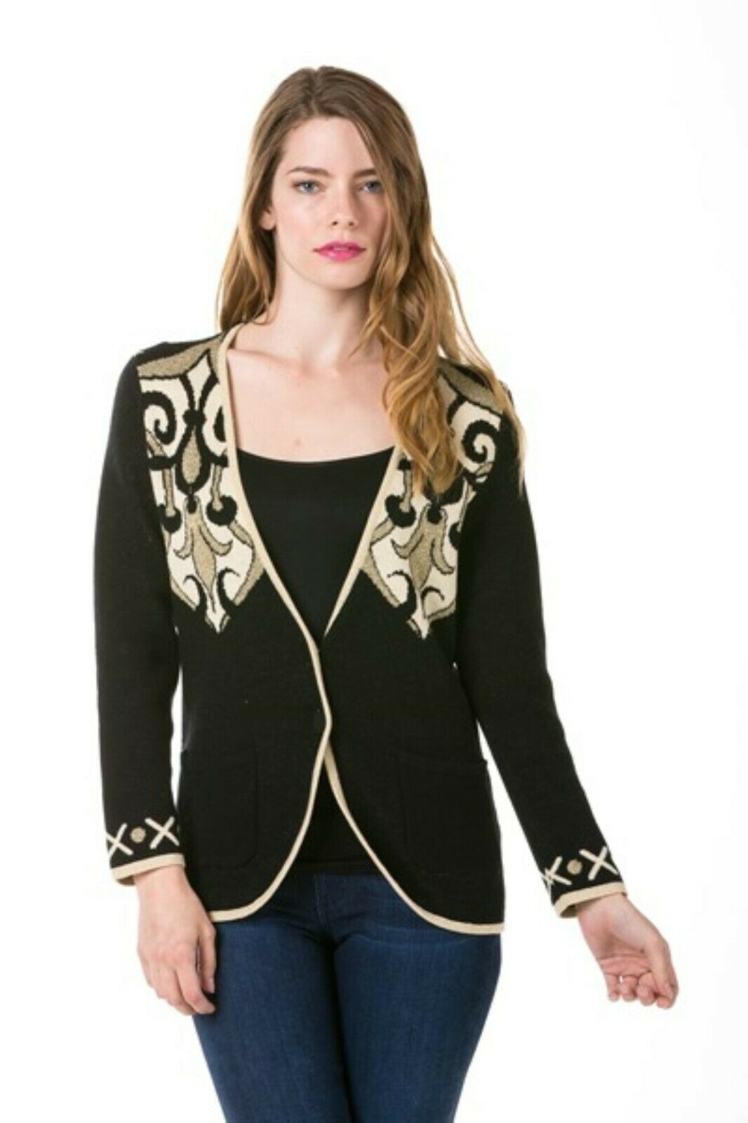 Primary image for Women's Black/Gold Scroll Printed Long Sleeve Cardigan