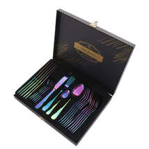 24pcs/Set Wooden Boxed Stainless Steel Cutlery Knife Fork Spoon Steak Dinnerware - £19.76 GBP