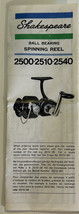 Vintage Shakespeare Fishing Reel Manual Instruction Parts 2500-2510-2540 - £4.98 GBP