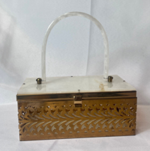 1950&#39;s Pearl Lucite Purse Opalescent Brass Sides Box Style Ladies Handbag - £55.35 GBP