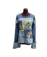 Cat Lady Ladies Upcycled Qulited and Denim Sweatshirt with Ruffled Sleeves - $69.00
