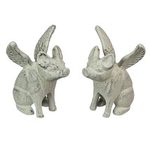 Set of 2 Cast Iron Distressed White Flying Pig Bookends Home Shelf Decor - $38.18