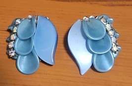 Vintage Light Blue Clip On Earrings With Rhinestones - £10.24 GBP