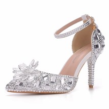 Wedding Shoes Female Sliver Drill Rhinestone Sandals Stiletto Pointed Bridal Pum - £83.07 GBP