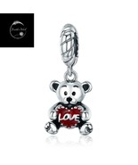 Genuine Sterling Silver 925 I Love You Heart Bear Charm For Bracelets Red Enamel - $24.68