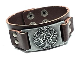 Tree of Life Cuff Bracelet Pentacle Moon Leather Bracelet Yggdrasil Norse - £9.02 GBP