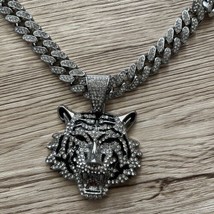 24&quot; Silver Cuban Link Chain w 2&quot; Tiger Pendant Miami Ice Out Faux Diamond NEW - £31.53 GBP