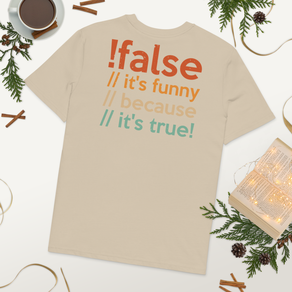 Unisex Organic Ribbed Neck T-Shirt – False It’s Funny Back Print (Desert Dust) Item image 8