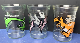 Lot of 3 Welch&#39;s 1988 Dinosaurs Glass Jelly Jars Bronto T Rex Pterodactyl 4&quot; - £19.89 GBP