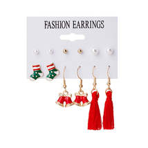 Pearl &amp; Red Stocking Bell Tassel Stud &amp; Drop Earrings Set - £11.14 GBP