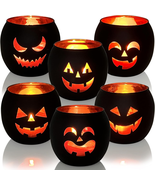 Halloween Table Decor Set of 6, Jack O Lanterns Black Glass Votive Teali... - $41.94 CAD