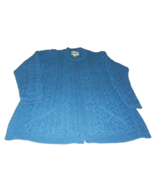 Womens L Aran Crafts Blue IRISH Knit Cardigan SWEATER Zip Up IRELAND Wool - £78.82 GBP