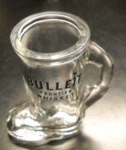 Bulleit Frontier Whiskey Shot Glass Boot Shape Clear Glass Black Print M... - $10.99