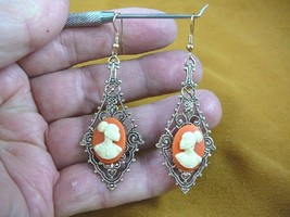 CAE1-31) Rare African American Lady Orange + Ivory Cameo Dangle Earrings Jewelry - £18.45 GBP