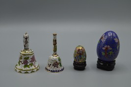 Cloisonné Egg Bell Lot of 4 Enameled Brass Miniatures Chinese Flower Lotus Vtg - £38.21 GBP