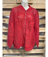 Red Crocheted Lace Zip Up Jacket Floral Print Woman&#39;s Size L KG Jd - $67.87 CAD