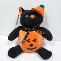 Halloween Black Cat Plush Jack O Lantern Pumpkin Costume Stuffed Animal 7&quot; - £15.48 GBP