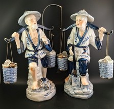 Blue and White Chinese Porcelain Old Fishing Couple, 13&quot; W Baskets Fish ... - $99.00