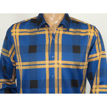 Men's Sports Shirt By Moderno Plaid Fancy Silky Long Sleeves MJLS-810 Navy Blue image 4