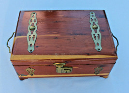 Vintage Antique Finger Jointed Brass Hinged 2 Handled Cedar Box 12&quot; x 7 1/2&quot; - £8.11 GBP