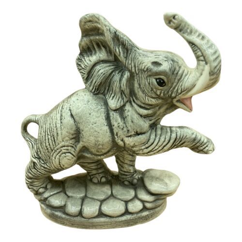 Primary image for Running Charging Elephant White Ceramic Large Sculpture Trunk Up Handmade 10”