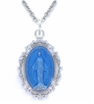 Sterling Silver Blue Enameled Filigree Border Miraculous Medal Necklace &amp; Chain - £95.91 GBP