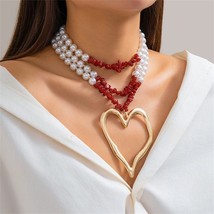 Vintage Style Big Heart Pendant Fashion Pearl Red Stone Beaded Necklace - £10.21 GBP