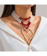 VINTAGE STYLE BIG HEART PENDANT FASHION PEARL RED STONE BEADED NECKLACE - $18.02 CAD