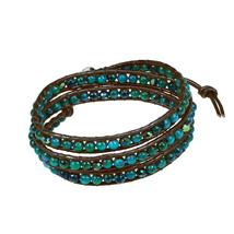 Green Clover Round Malachite Stones 3-Wrap Leather Bracelet - £16.46 GBP